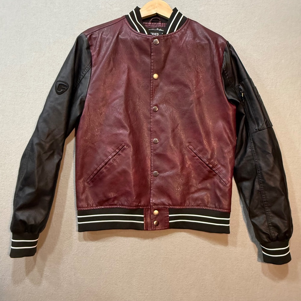 Fried Denim NYC Varsity Bomber Maroon & Black Faux Leather Jacket Men S‎
